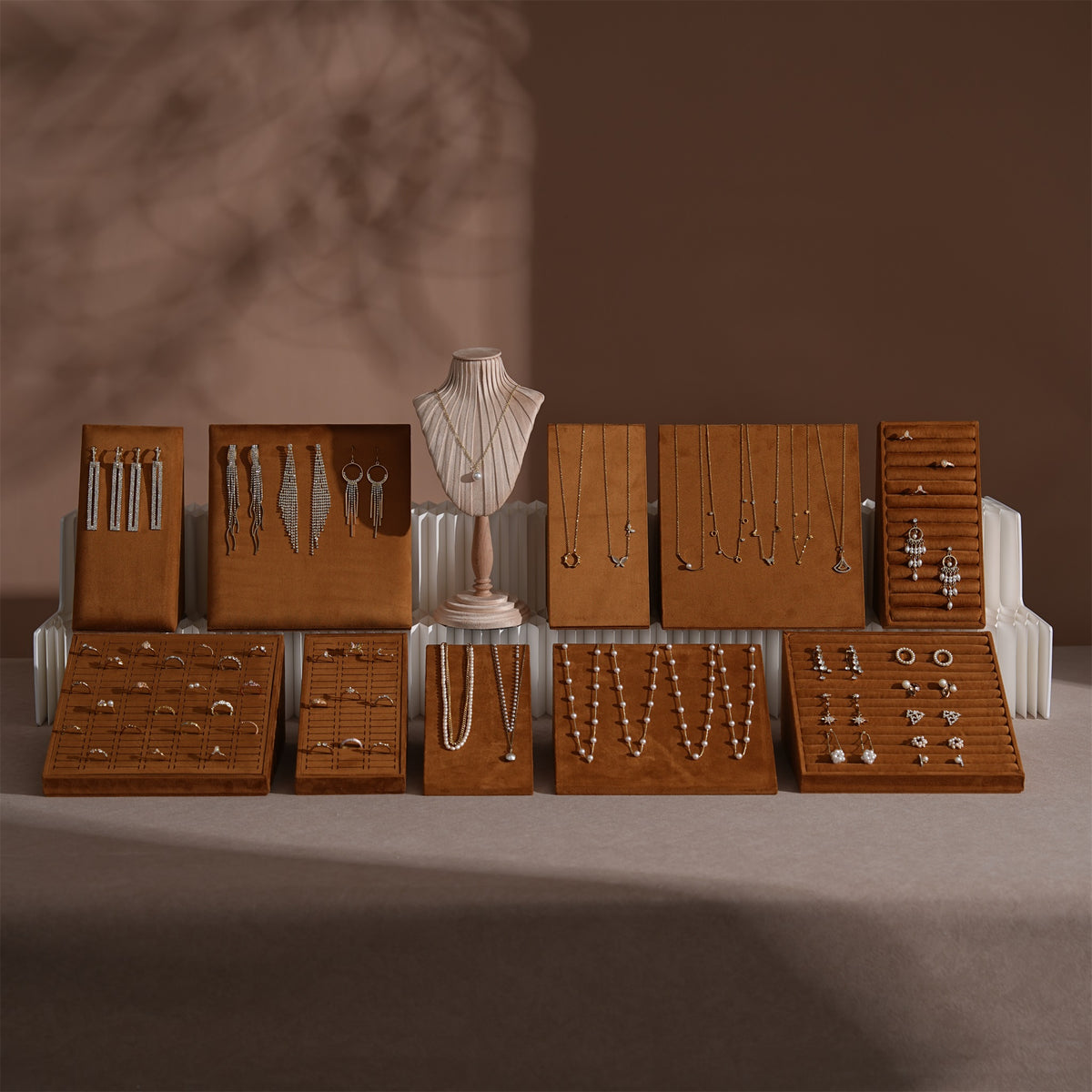 Caramel velvet jewelry display prop collection