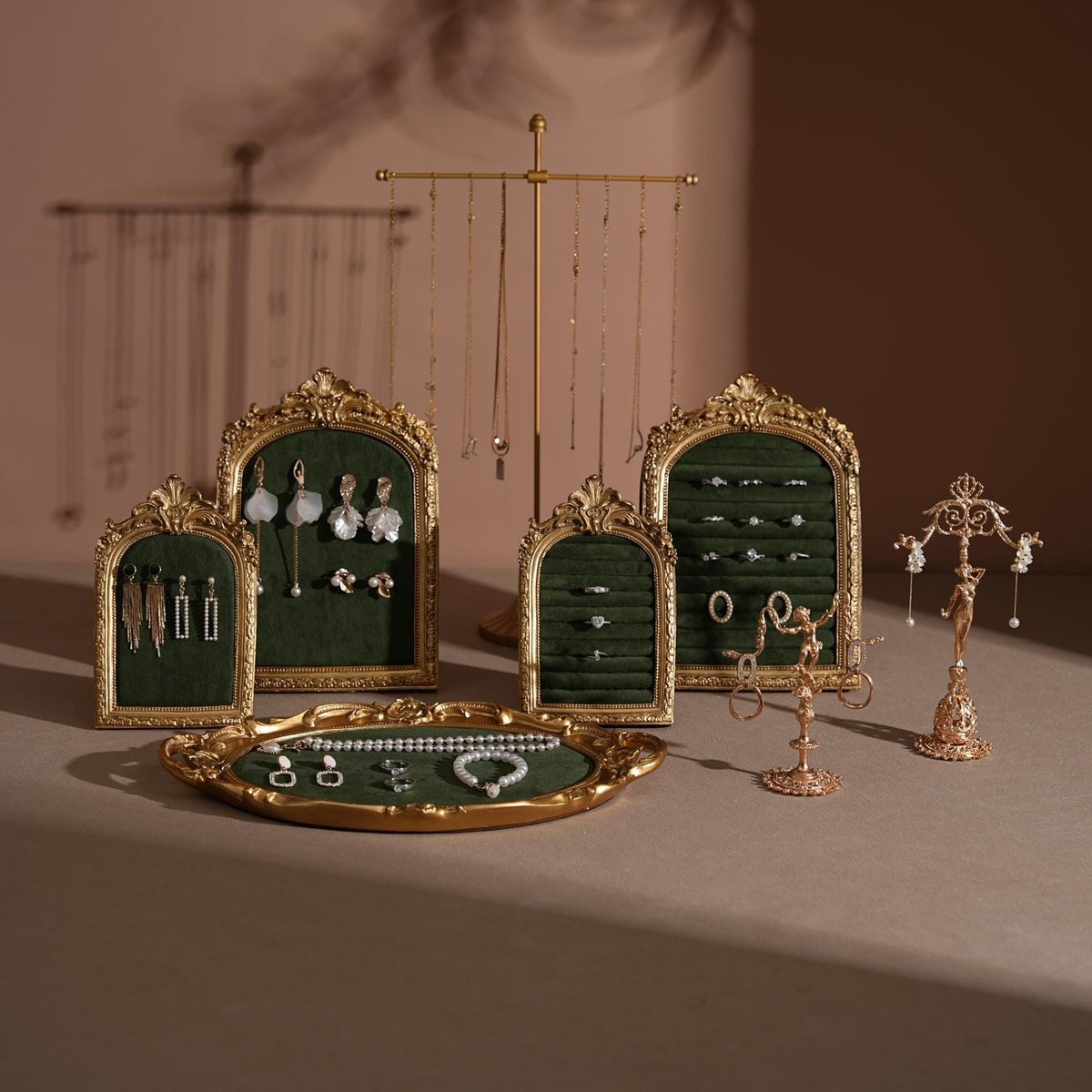 Vintage gold emerald velvet jewelry display set