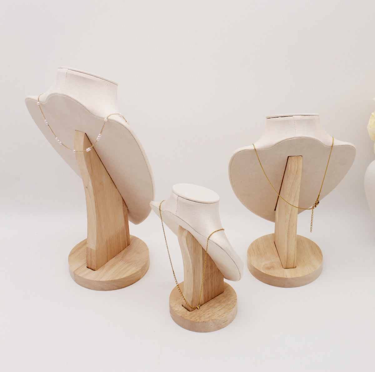 Ivory linen necklace bust set with wood base