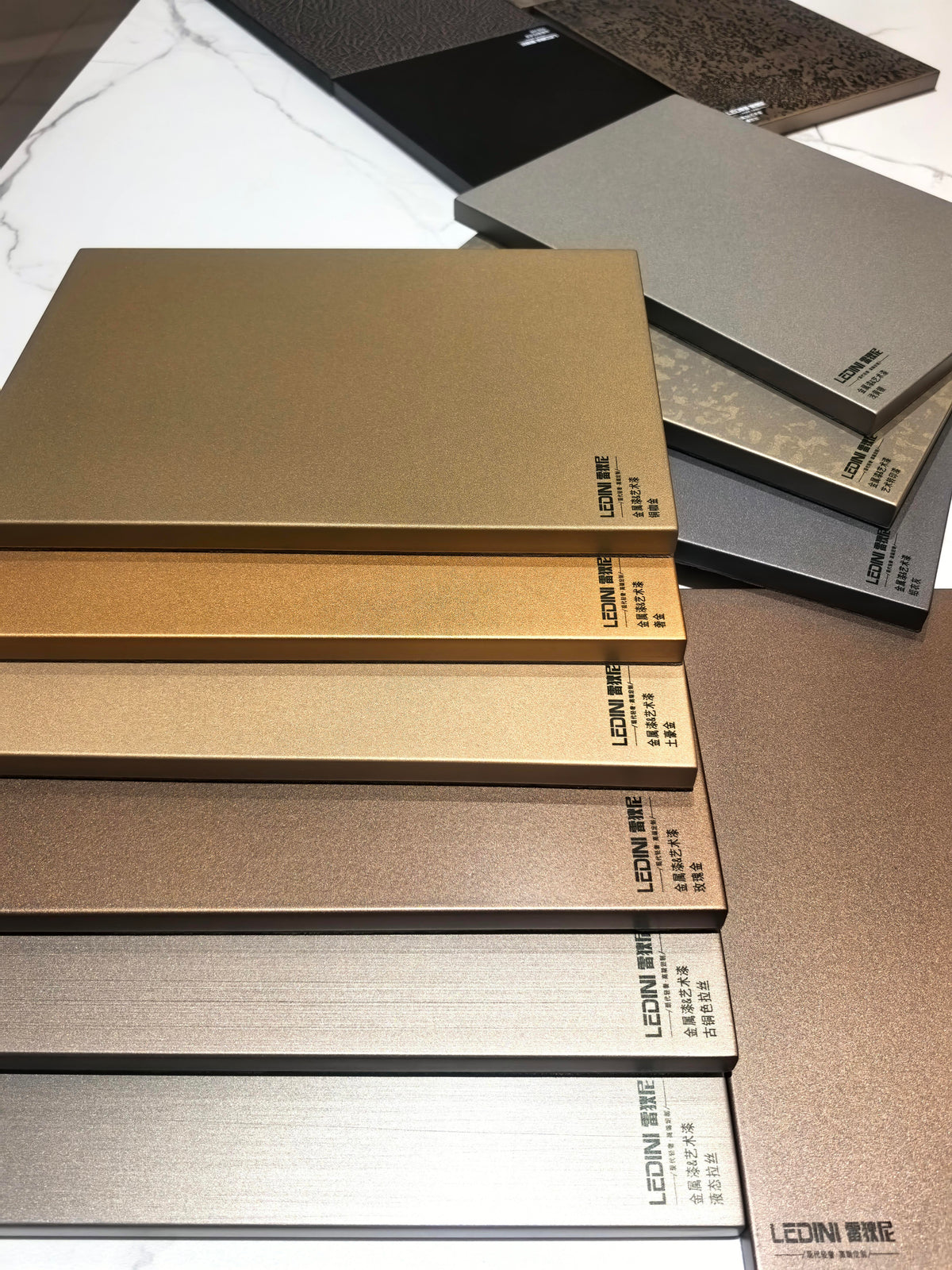 Metal finish sample boards for retail fixtures