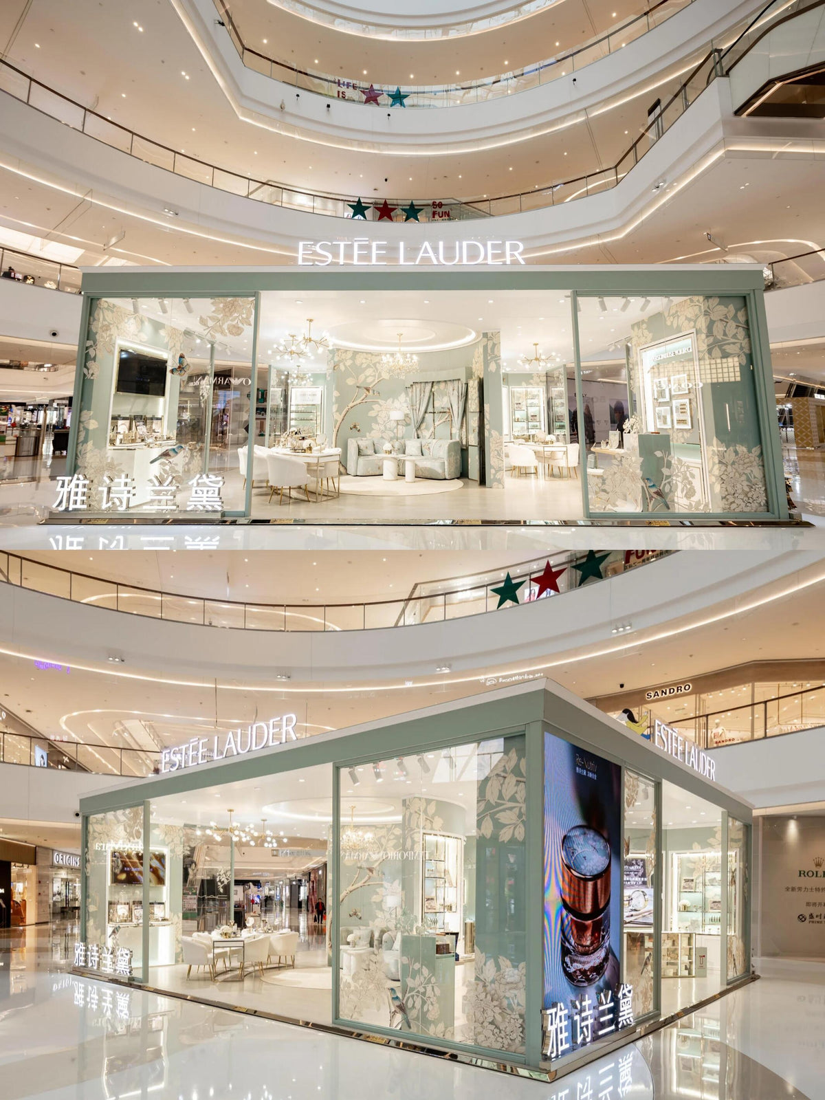 Estee Lauder mall pop-up with floral glass