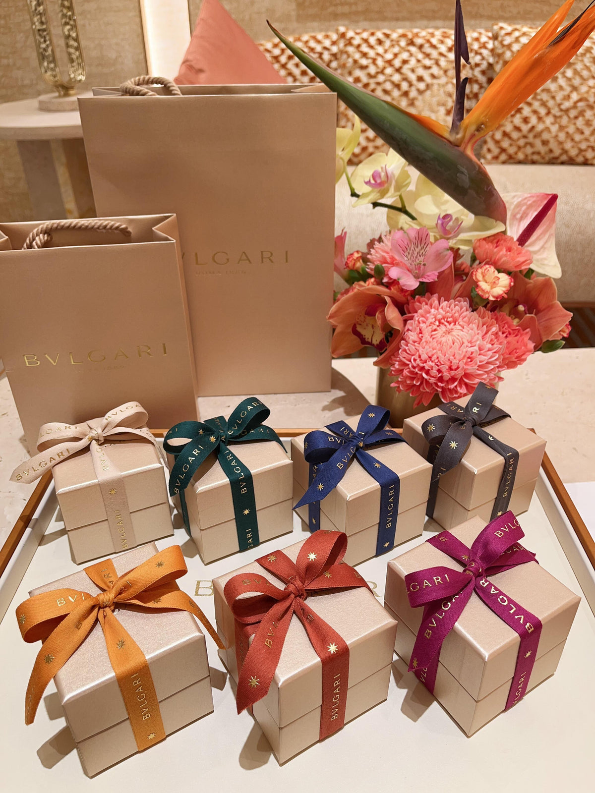 Bvlgari champagne jewelry boxes multicolor ribbons