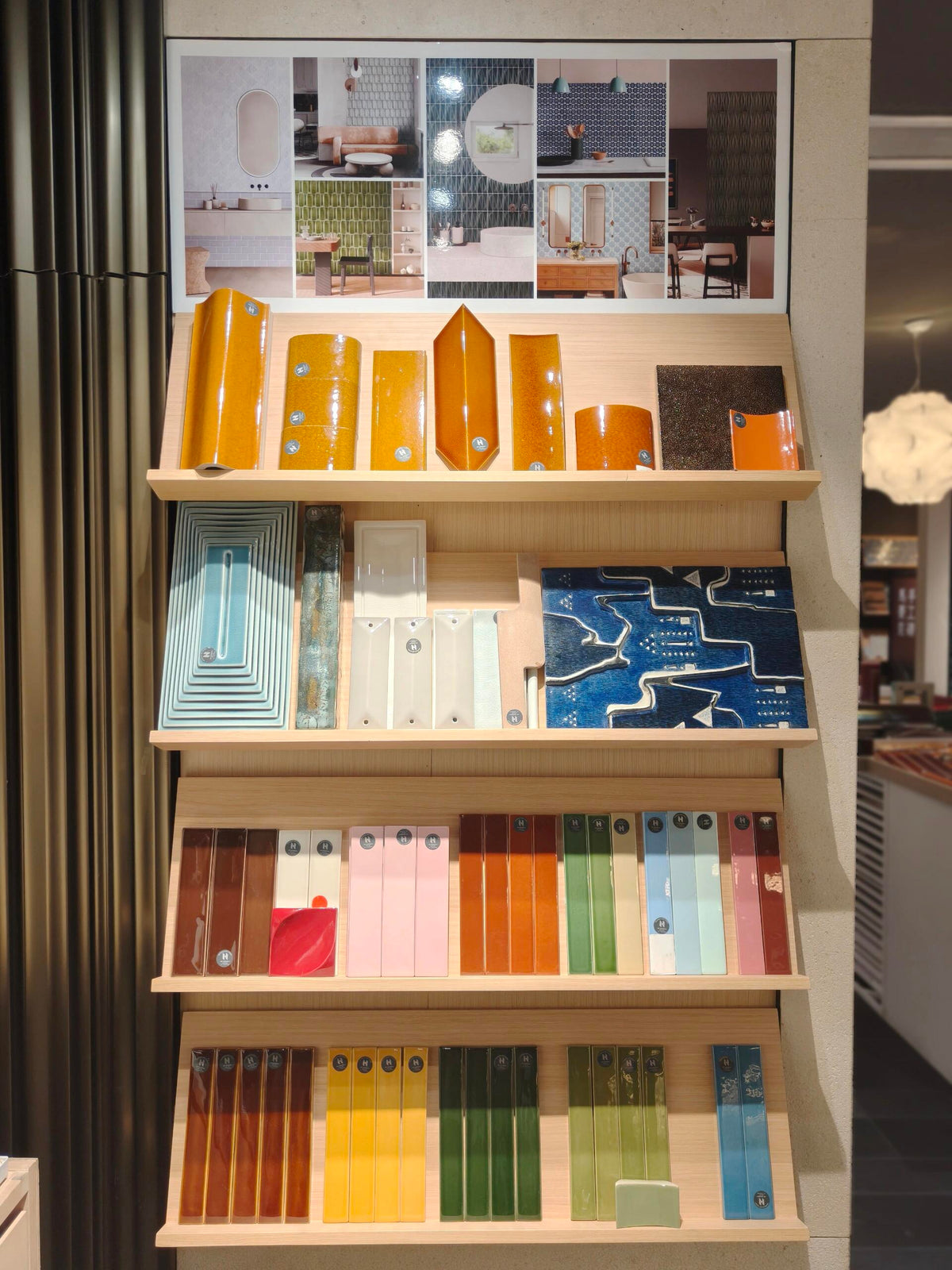 Handmade tile sample display multicolor glazes