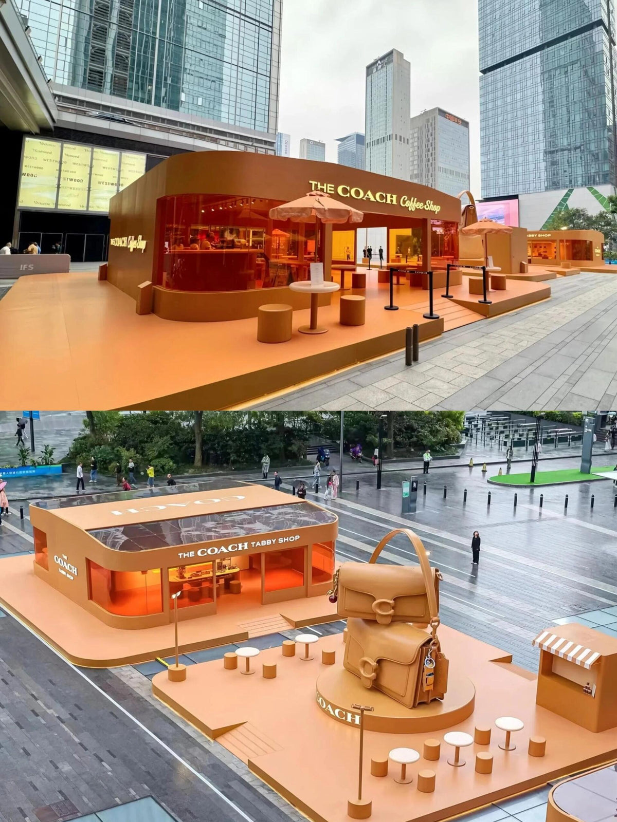 Coach orange outdoor pop-up giant bag sculpture